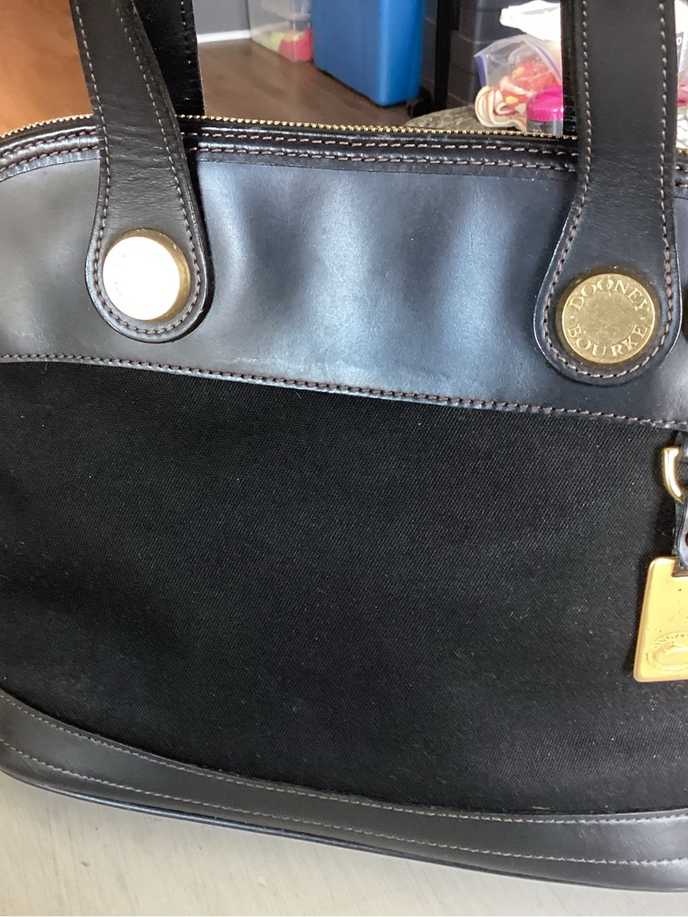 Dooney & Bourke Black Canvas Tote with Dark Brown Leather Trim and Gold Hardware